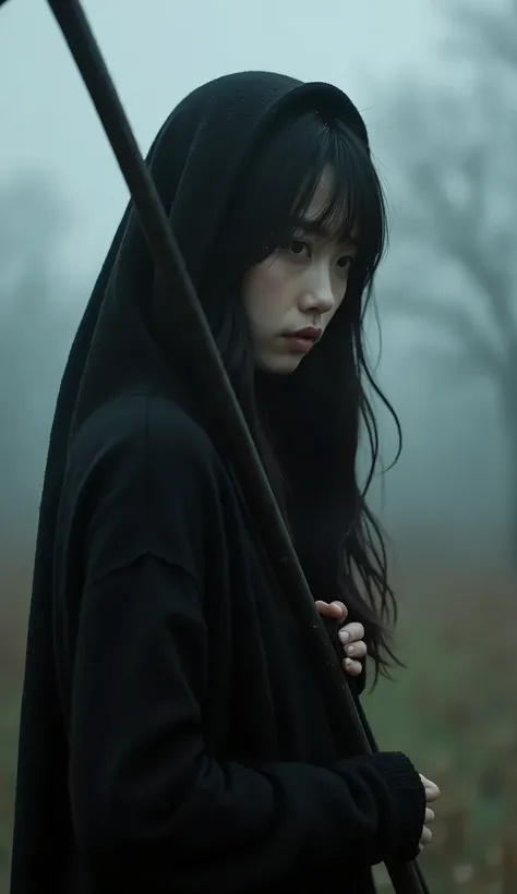 live-action、Real、A very beautiful lonely Japanese woman wearing a black knitted sweater、cloudy、Grim Reaper holds his scythe on his shoulder
