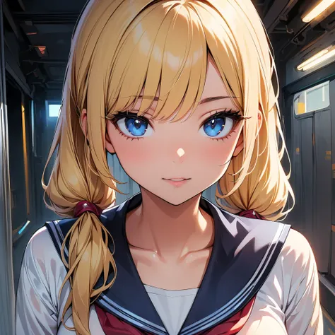 (highest quality, 4k, masterpiece :1.3), Beautiful woman, 1 girl, (chest, attractive body :1.2), JK:1.1, blonde twintails: 1.1, sailor suit, super detailed face, lip details, fine eyes, double eyelid