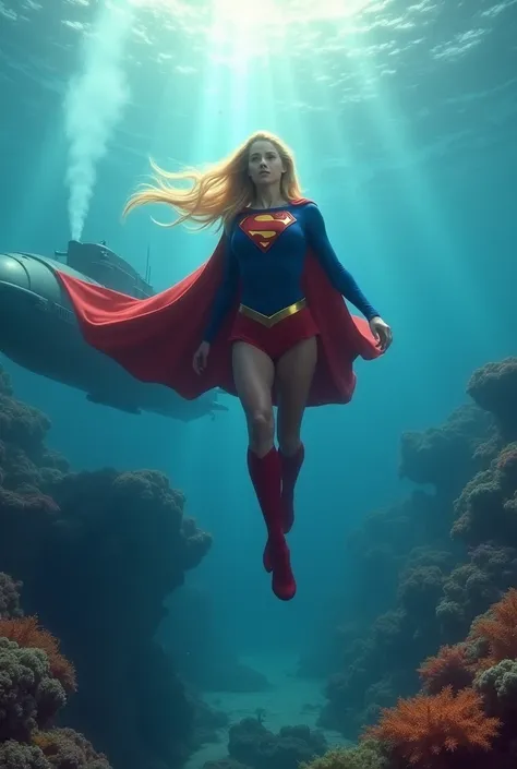 A full body image of the beautiful Supergirl., Flight, submarine, There are corals, her hair stands up gently, The sun&#39;s rays are distorted by salt water