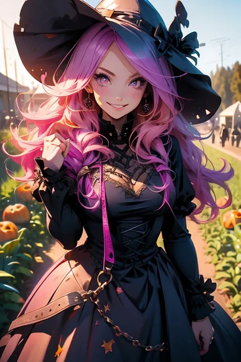 Perfect face. Perfect hands. A pink haired woman with violet eyes and an hourglass figure in a Gothic dress is walking through a pumpkin patch with a big smile