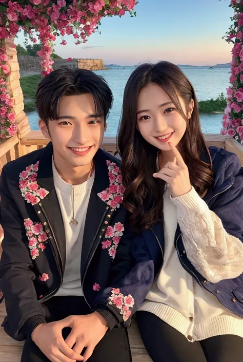 Romantic couple in their 20s,very beautiful and very handsome,fair skin,Couple jacket with writing "HAB KEY",hand holding a cherry, smile cheerfully, in the most beautiful and romantic place