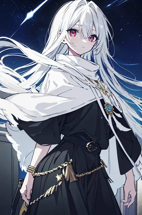 Old hair,White hair, The appearance of the sky, A god-like being from mythology, The night sky above the sky,Walking and gesturing upwards, A gorgeous and beautiful look in black and white,Gender Female, Hair that shines like moonlight, The sight of a blue...