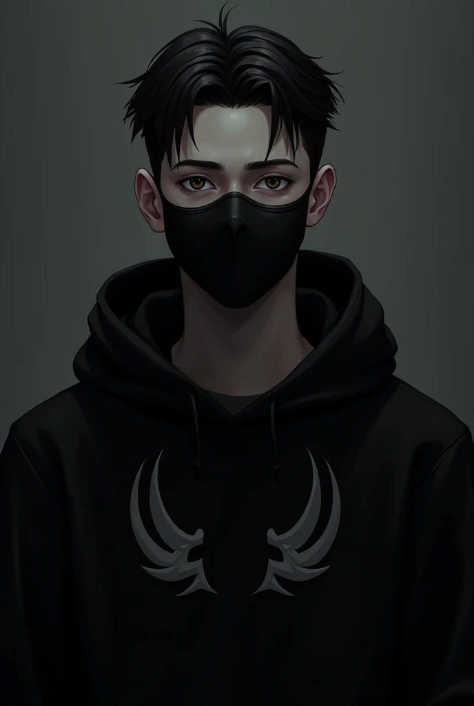 Monochromatic digital artwork featuring a 3 boy with a handsome face and a serious expression., wearing a black hoodie and a black face mask. The character has neat black hair.. Hoodie tersebut memiliki desain unik JM. The background is subtle and dark, ad...