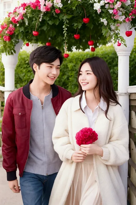 Romantic couple in their 20s,very beautiful and very handsome,fair skin,Couple jacket with writing "HAB KEY",hand holding a cherry, smile cheerfully, in the most beautiful and romantic place