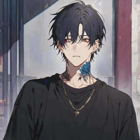 alone, 1 male, black hair, red eyes, black shirt, ear piercing,blue rose tattoo on neck,gold necklace