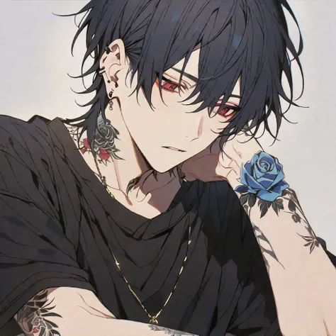 alone, 1 male, black hair, red eyes, black shirt, ear piercing,blue rose tattoo on neck,gold necklace