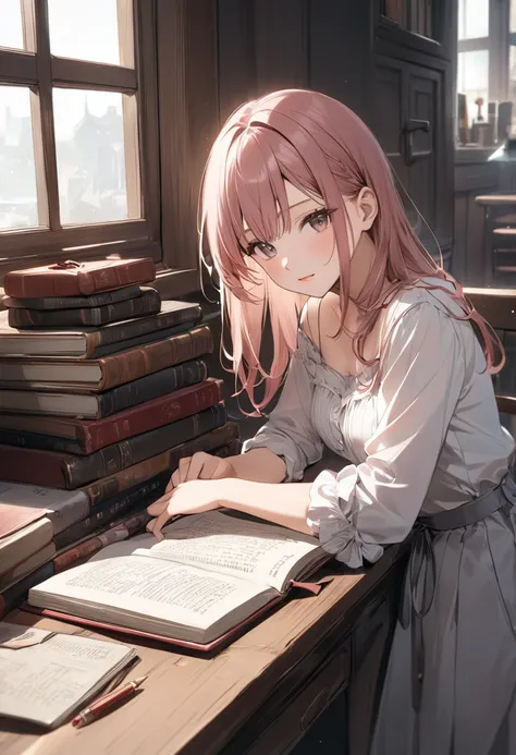 (best quality, masterpiece),subtle colors, post-grunge, concept art, intricate details. detailed depiction,Cute small girl,tween,wearing camisole,(A girl trying to get into a book), 