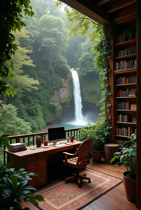 an office, library, with modern computers, on a balcony in the middle of the woods, in a house overlooking a waterfall, mix classic with modern, place of tranquility and work