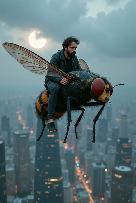 Here is a message for a surreal image full of details.:

A grown man, with an expression of astonishment and adrenaline, Climb aboard a giant fly that flies at high speed over a futuristic cityscape.. The man, Dressed in a dark leather jacket and tight pan...