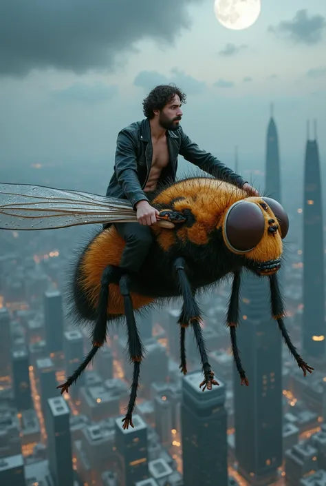 Here is a message for a surreal image full of details.:

A grown man, with an expression of astonishment and adrenaline, Climb aboard a giant fly that flies at high speed over a futuristic cityscape.. The man, Dressed in a dark leather jacket and tight pan...