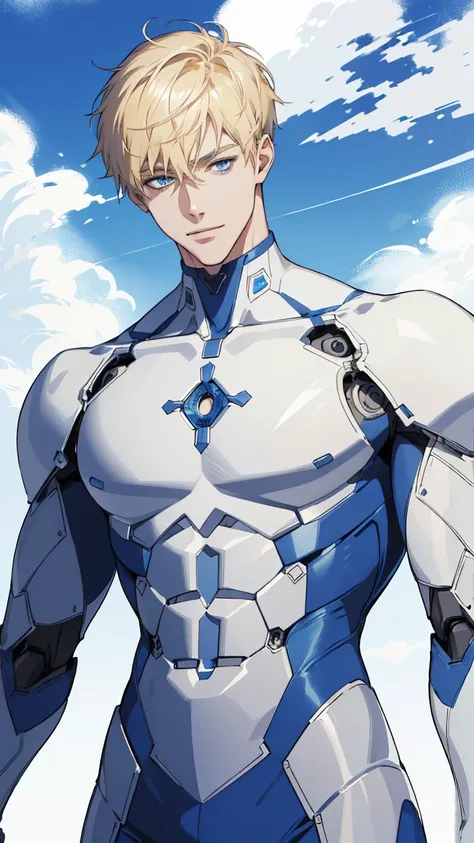 (absurdres, highres, ultra detailed), 1 male, adult, handsome, tall muscular guy, broad shoulders, finely detailed eyes and detailed face,{ (short hair:1.2),american haircut, light blonde}, sky blue eyes, white robot body (full body:1.2). Grin, Conceited 