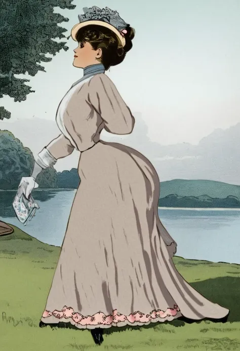 Illustration of Midge Klump as a 15yo coquette having a picnic by the lake, waiting on all fours. 1900_dr3ss. Year 1901. Lonely field backdrop. Brunette pompadour with split curls. Wearing high-neck gown with long sleeves, flower-brimmed hat, gloves, skirt...