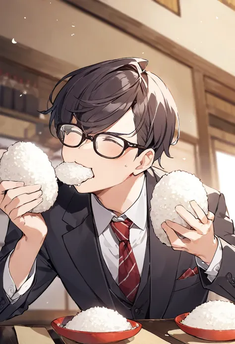 japanese businessman wearing glasses、eating rice balls happily