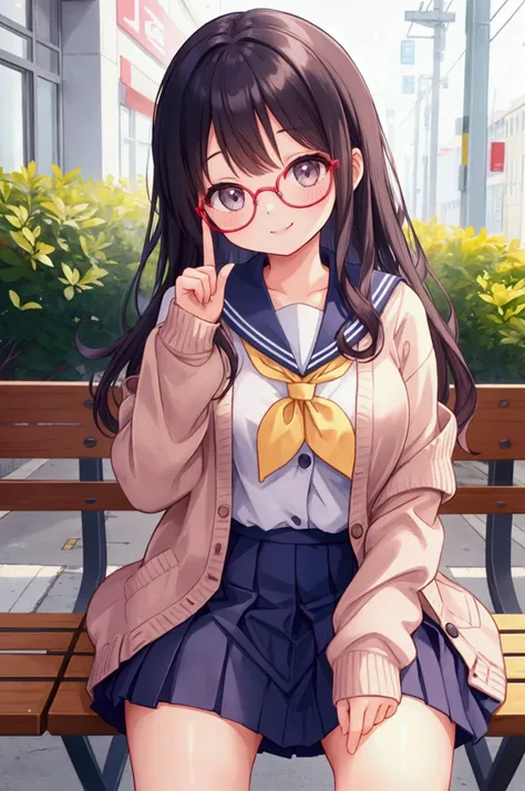 Girl、Sailor suit、cardigan、smile、Glasses、Place your fingertips on your lips、School、Sitting、mini skirt、Panties