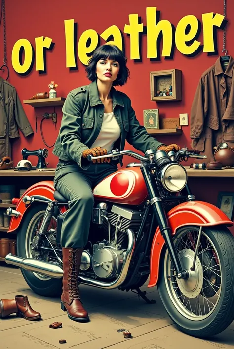 An attractive, short-haired woman in a quirky pop art style sits confidently astride a vintage, Japanese flag-colored American cruiser bike in a leather craft shop, wearing a sleek flight jacket, sturdy cargo pants, sturdy boots, and vintage helmet gloves....