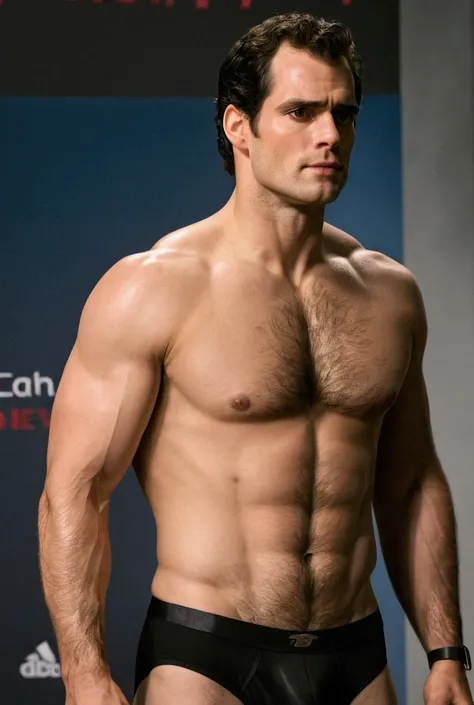 Realistic Henry Cavill shirtless wearing black underwear using his hand to pull down his underwear and show his ass