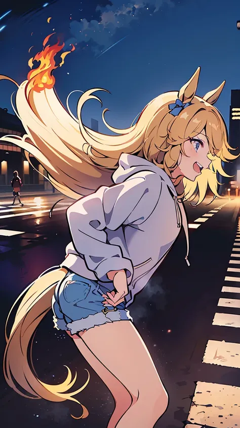 masterpiece, Best Quality, High resolution, Very detailed,(((Gold City))), (((Horse Girl))), (((hoodie))), (((Shorts))), (((Standing at a distance))), (((Facing forward。))), (((Around town))), (((With a pedestrian crossing in the background))), (((Laughing...