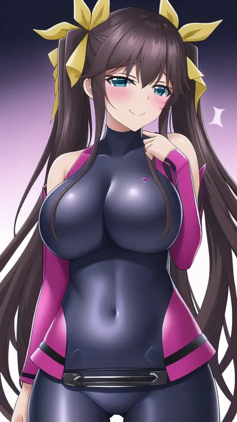  Erotic、Huang Lingyin、Twin tails、Ribbon hair tie、Big Breasts, Alone,teacher、 Navy blue wetsuit　Rash guard, Purple evil background、 Best Quality, Detailed face, Detailed eyes, High resolution,、Evil female executive、Wicked Smile、Sexy pose、Fallen into evil、Fa...