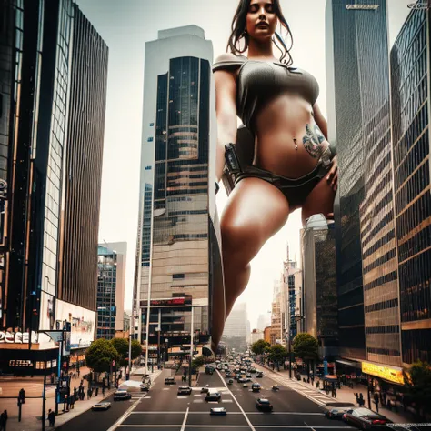 a huge woman, sitting on the street and playing with a cyberpunk city car, little guys run around the giant girl, standing on he...