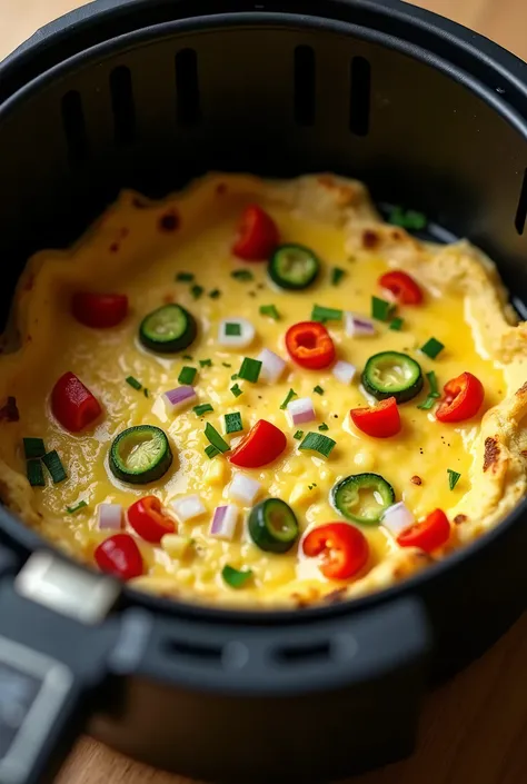 "A freshly cooked vegetable omelette made with beaten eggs, mixed with vibrant chunks of red and green bell peppers, diced onions, and small pieces of zucchini. The omelette is golden and slightly puffy, with bits of the vegetables peeking through the surf...