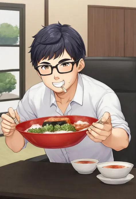 Japanese businessman wearing glasses、Eating rice balls happily