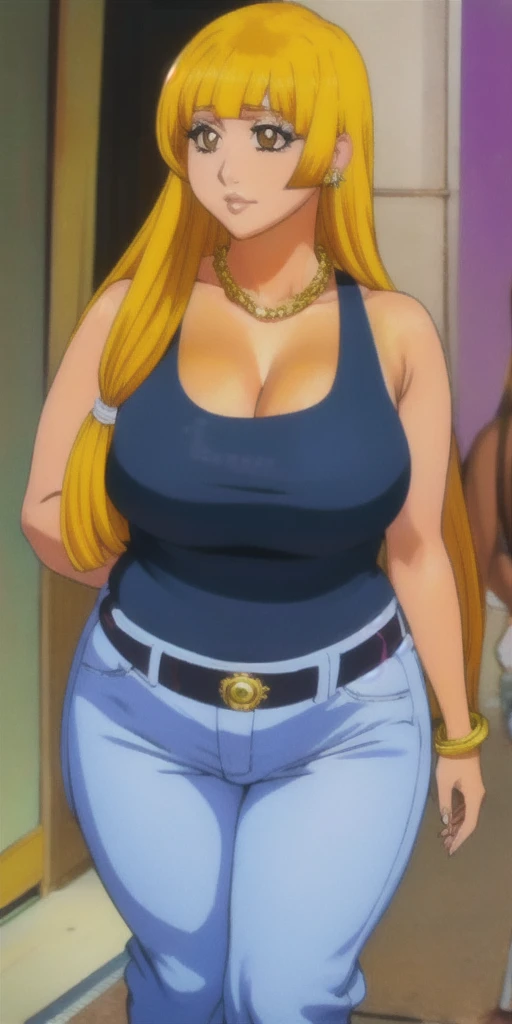 orihime inoue,bleach artstyle,big breast,enchanted big breast,tanned skin,thick lips,eyelash,big hoopa earring,gold chain neckla...