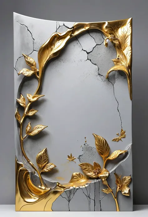 ((screen，Still life table，Artistic statues，3D engraving，Ceramics，Surface cracks，Shattered Texture)), Showing the beauty of nature.gold，gold粉， This artwork appears on a grey background，highlight its artistic quality.
