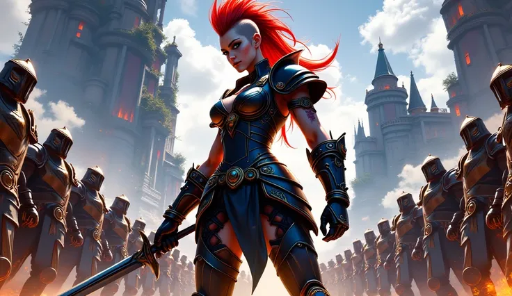 a woman barbarian with a mohawk hairstyle and long hair in back , redhead, wearing a minimal leather suit, holding a long two-handed sword, barbarian army on background, detailed fantasy movie poster, immersive background, toned color palette, (best qualit...