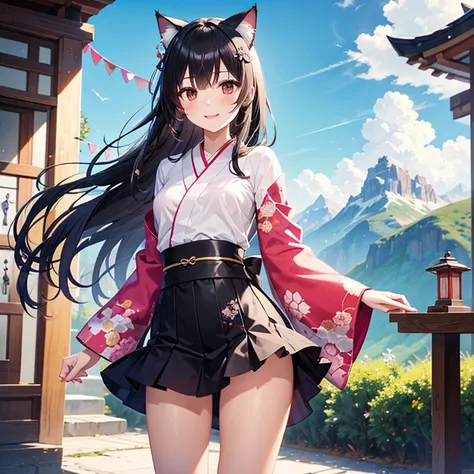 (Best Quality)、(One girl)、Cat ears、1 cat tail、Long black hair、smile、blush、(Small breasts)、White ribbon、black and pink kimono、Beautiful thighs、(Standing with a wind chime:1.1)、Shrine in the mountains、blue sky