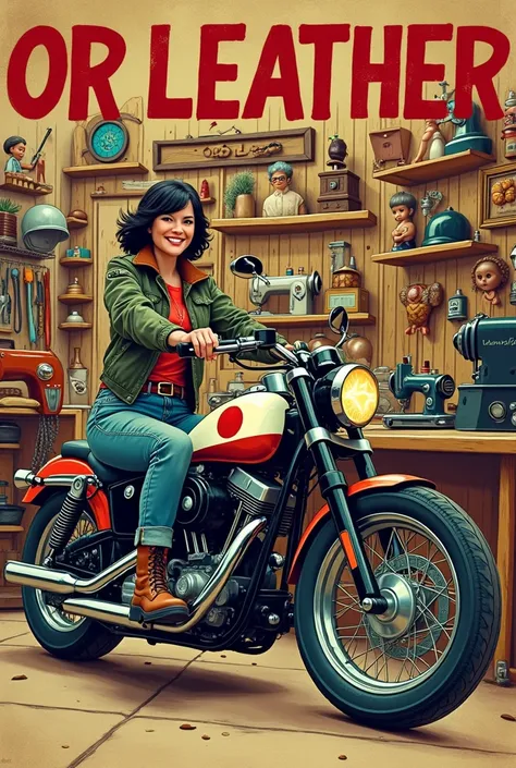 Attractive pop art style beautiful woman with short hair smiling、Vintage, He is riding an American cruiser bike in the colors of the Japanese flag at a leather craft store., Wearing a stylish flight jacket, Durable cargo pants, Durable boots, Vintage Helme...