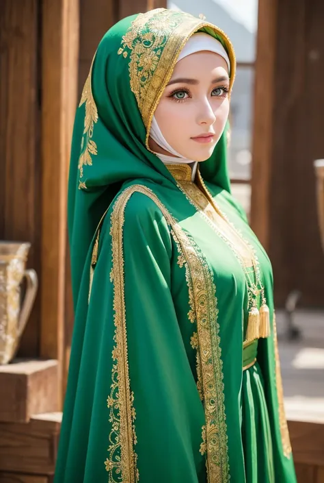 woman　Chestnut yellow eyes long hair　Hijab　Crimean Tatar national costume（Emerald Green）