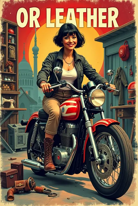 Attractive pop art style beautiful woman with short hair smiling、Vintage, He is riding an American cruiser bike in the colors of the Japanese flag at a leather craft store., Wearing a stylish flight jacket, Durable cargo pants, Durable boots, Vintage Helme...