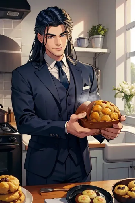 Perfect face. Perfect hands. A  muscular dark blue haired man with silver eyes with long hair in a fancy suit is smiling in a Gothic kitchen while baking muffins