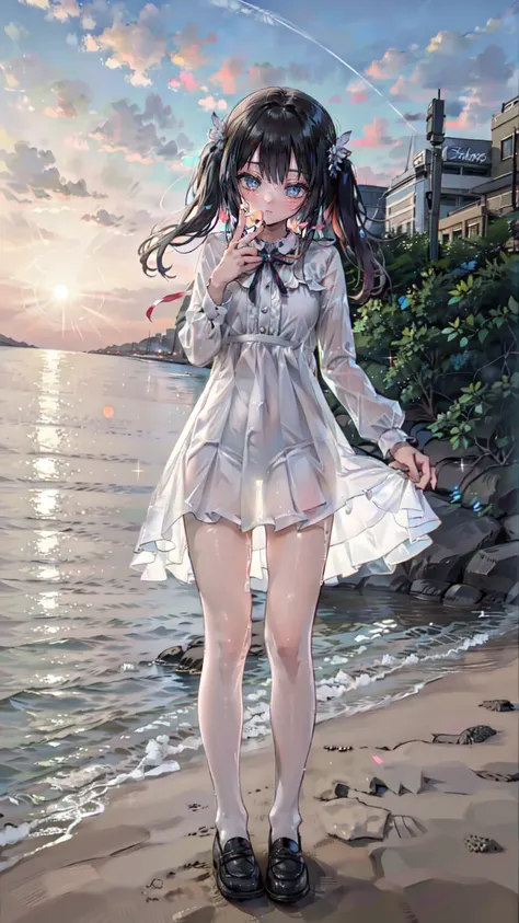 1 girl, Being on the beach, Full Body Standing, Sexy pose, Sunshine Beam, blue sky, White cute bikini, Shiny reflective clothing, Moderate Blessings, Long silver hair, Twin tail hair, Drop your eyes, Drop Smile, Wet, Splash, water, Dutch Angle, Lenz Flare,...