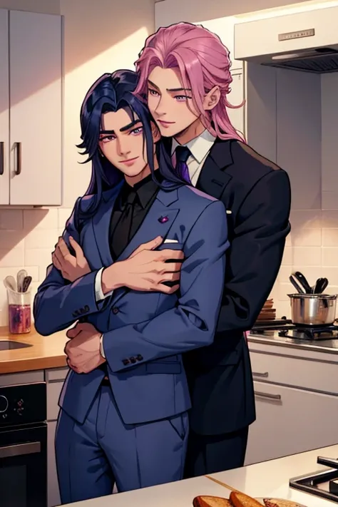 Two men. Perfect faces. Perfect hands.  A muscular dark blue haired man with silver eyes with long hair in a fancy suit is  hugging a pink haired man with violet eyes with long hair in a fancy suit from behind in the kitchen with big smiles