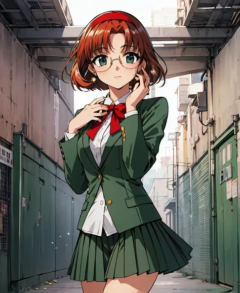 phoenix temple,one girl,short hair,light brown hair,glasses、embarrassed face,((red hairband)),green blazer,mini skirt,masterpiec...