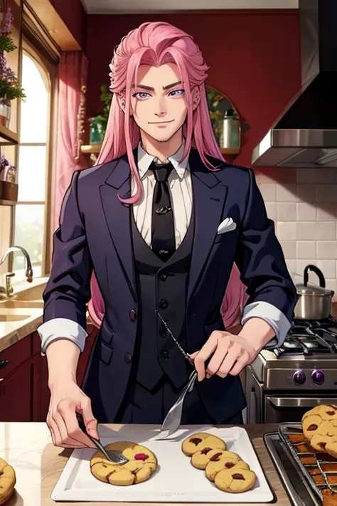 Perfect face. Perfect hands. A pink haired man with violet eyes with long hair in a fancy suit is smiling in a Gothic kitchen while baking cookies