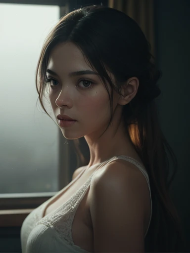 8k、(((Real Humans)))、Beautiful 1 German woman with amber skin appearing with elegance and mystery in thick fog. The scene has a realistic and photographic style, See the attractive cinematic look.nn Artistic style: Realism, Cinematographynn Artistic inspir...