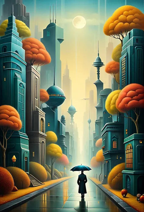 surreal art deco landscape autumn sity of blade runner, Alexander Jansson style, Iwona Lifsches style, nicoletta ceccoli style, Picasso style, ((art deco style)), artistic rendering, high contrast, high quality, 8k