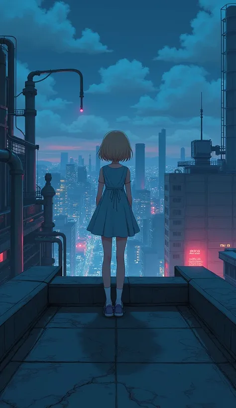 masterpiece, Best Quality, High resolution, Very detailed,(((Blonde and blue-eyed girl))), (((Japanese Anime))), (((Short Hair))), (((Light blue dress))), (((White knee socks))), (((Light blue shoes))), (((rooftopから眺めている))), (((night))), (((factory))), (((...