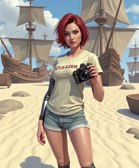 Ultra HD, 16 thousand., complex details, maximum detail, photorealistic, Ashley Walsh girl about 30 years old with dark red hair to the shoulders short haircut with blue eyes wearing a light tight T-shirt with a print &quot;Hellblazer&quot; on the legs sho...