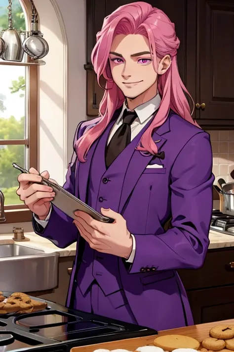 Perfect face. Perfect hands. A pink haired man with violet eyes with long hair in a fancy suit is smiling in a Gothic kitchen while baking cookies