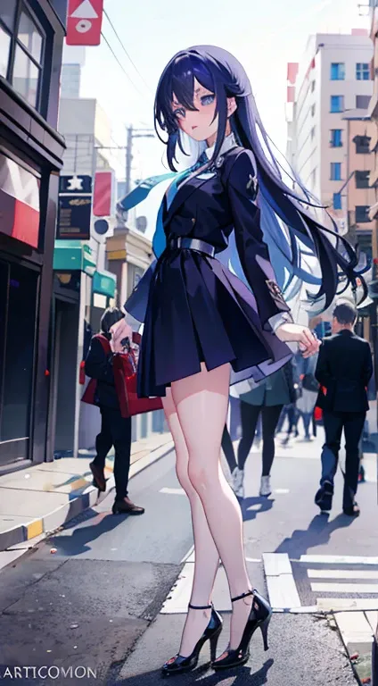 Anime girl standing on city street with long hair and blue eyes, trending in ArtStation Pixiv, purple eyes, blue tie, beautiful (detailed eyes, detailed face,) Ahegao, euladef, noble temperament, high heels, no watermark