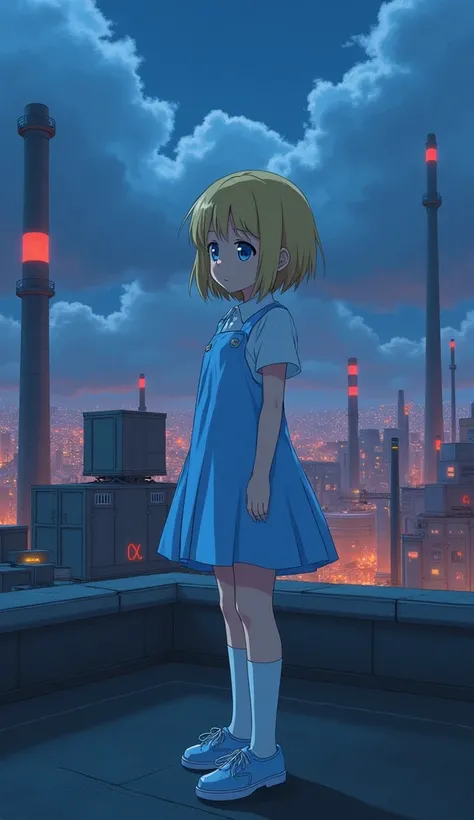 masterpiece, Best Quality, High resolution, Very detailed,(((Blonde and blue-eyed girl))), (((Japanese Anime))), (((Short Hair))), (((Light blue dress))), (((White knee socks))), (((Light blue shoes))), (((Alice))), (((rooftopから眺めている))), (((night))), (((fa...