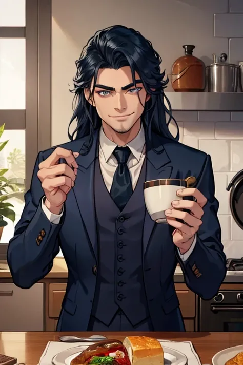 Perfect face. Perfect hands. A muscular dark blue haired man with silver eyes with long hair in a fancy suit is smiling in a Gothic kitchen while sipping tea