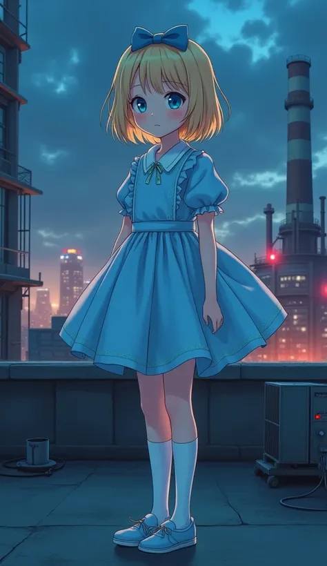 masterpiece, Best Quality, High resolution, Very detailed,(((Blonde and blue-eyed girl))), (((Japanese Anime))), (((Short Hair))), (((Light blue dress))), (((White knee socks))), (((Light blue shoes))), (((Alice in Wonderland))), (((rooftopから眺めている))), (((n...