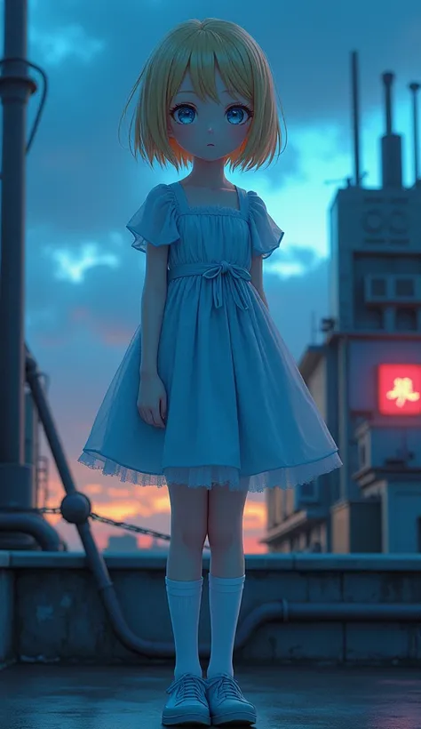 masterpiece, Best Quality, High resolution, Very detailed,(((Blonde and blue-eyed girl))), (((Japanese Anime))), (((Short Hair))), (((Light blue dress))), (((White knee socks))), (((Light blue shoes))), (((Alice in Wonderland))), (((rooftopから眺めている))), (((n...