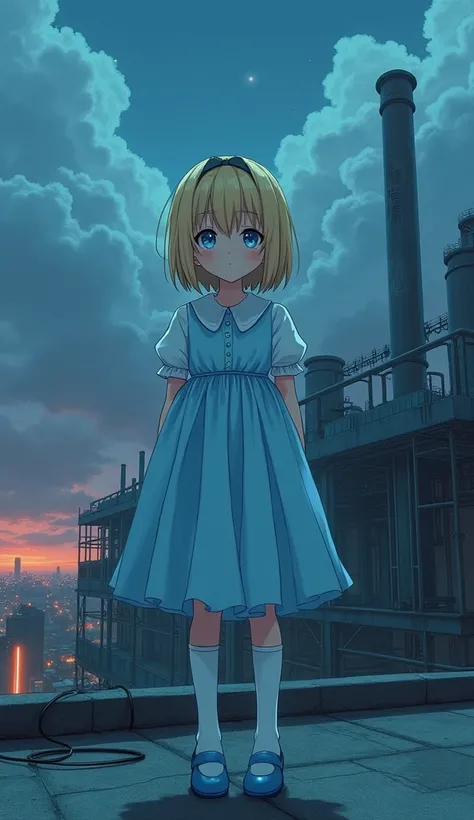 masterpiece, Best Quality, High resolution, Very detailed,(((Blonde and blue-eyed girl))), (((Japanese Anime))), (((Short Hair))), (((Light blue dress))), (((White knee socks))), (((Light blue shoes))), (((Alice in Wonderland))), (((rooftopから眺めている))), (((n...