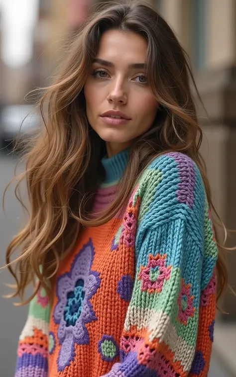 a close up of a woman with long hair wearing a colorful sweater, gorgeous lady, angela sarafyan, highly intricate in technicolor, portrait sophie mudd, wearing a colorful coogi sweater, full of colors, portrait emily ratajkowski, full body!! maximalist det...