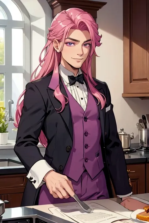 Perfect face. Perfect hands. A pink haired man with violet eyes with long hair in a fancy suit is smiling in a Gothic kitchen while flirting playfully
